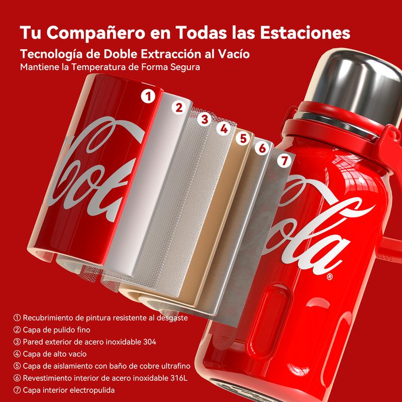 Coca-Cola Termo para Camping, Botella Térmica Portátil de 40oz con Correa y Asa, Termo Aislante de Viaje de Acero Inoxidable 316, Botella para Agua Mantiene el Frío hasta 72 Horas o el Calor hasta 48 Horas, 100% A Prueba de